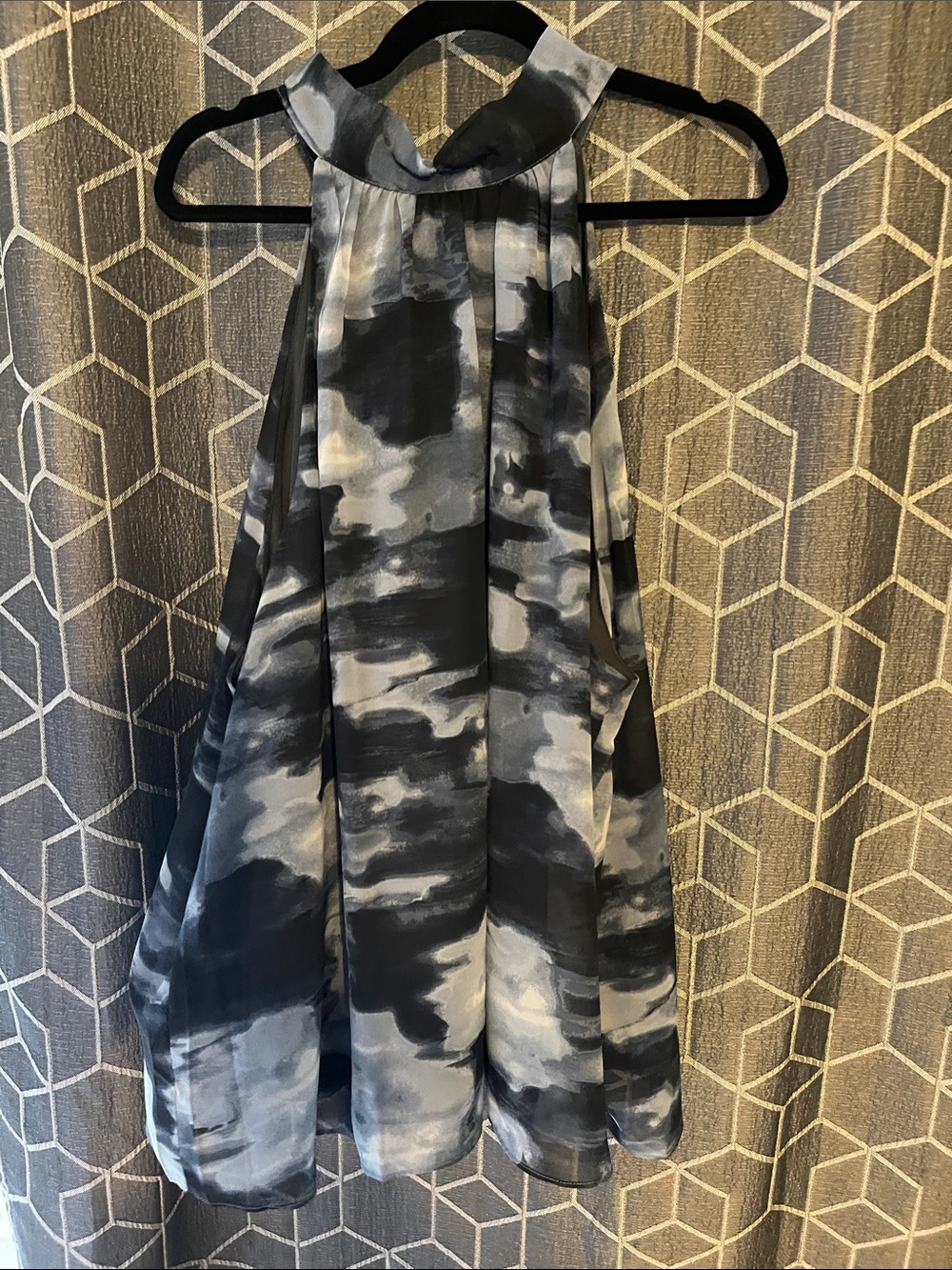 Sleeveless Halter Blouse in Black and blue Watercolor Print